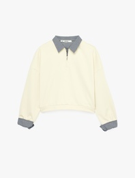 Rahat Kalıp Uzun Kollu Kareli Yaka Detaylı Yarım Fermuarlı Sweatshirt