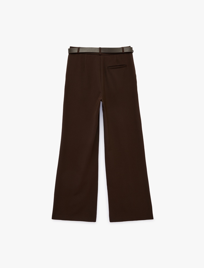  Cepli Düz Bol Paça Kemerli Kumaş Pantolon