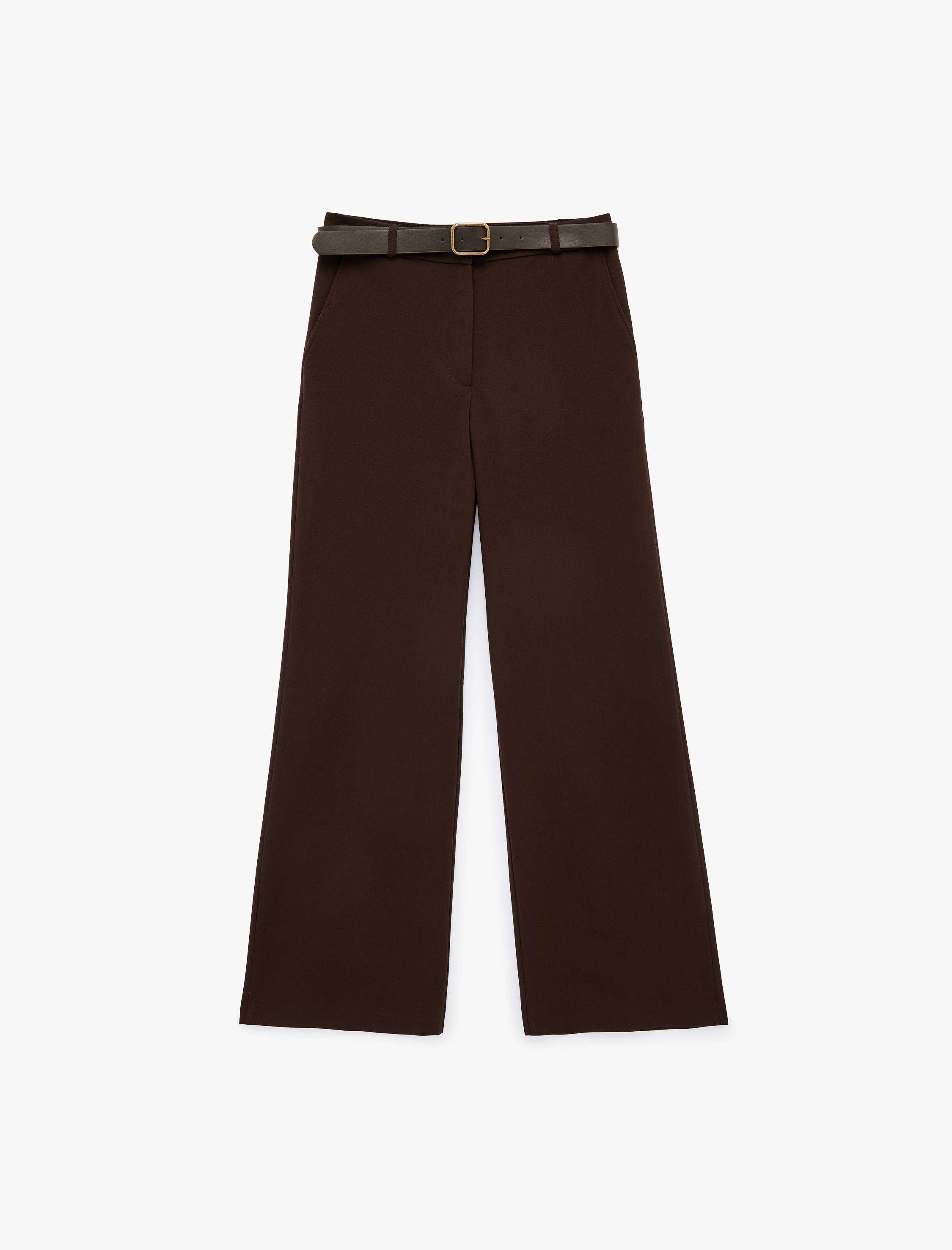   Cepli Düz Bol Paça Kemerli Kumaş Pantolon