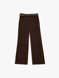 Cepli Düz Bol Paça Kemerli Kumaş Pantolon