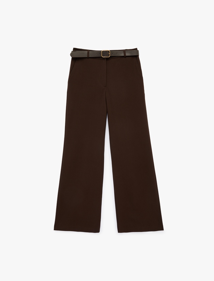  Cepli Düz Bol Paça Kemerli Kumaş Pantolon