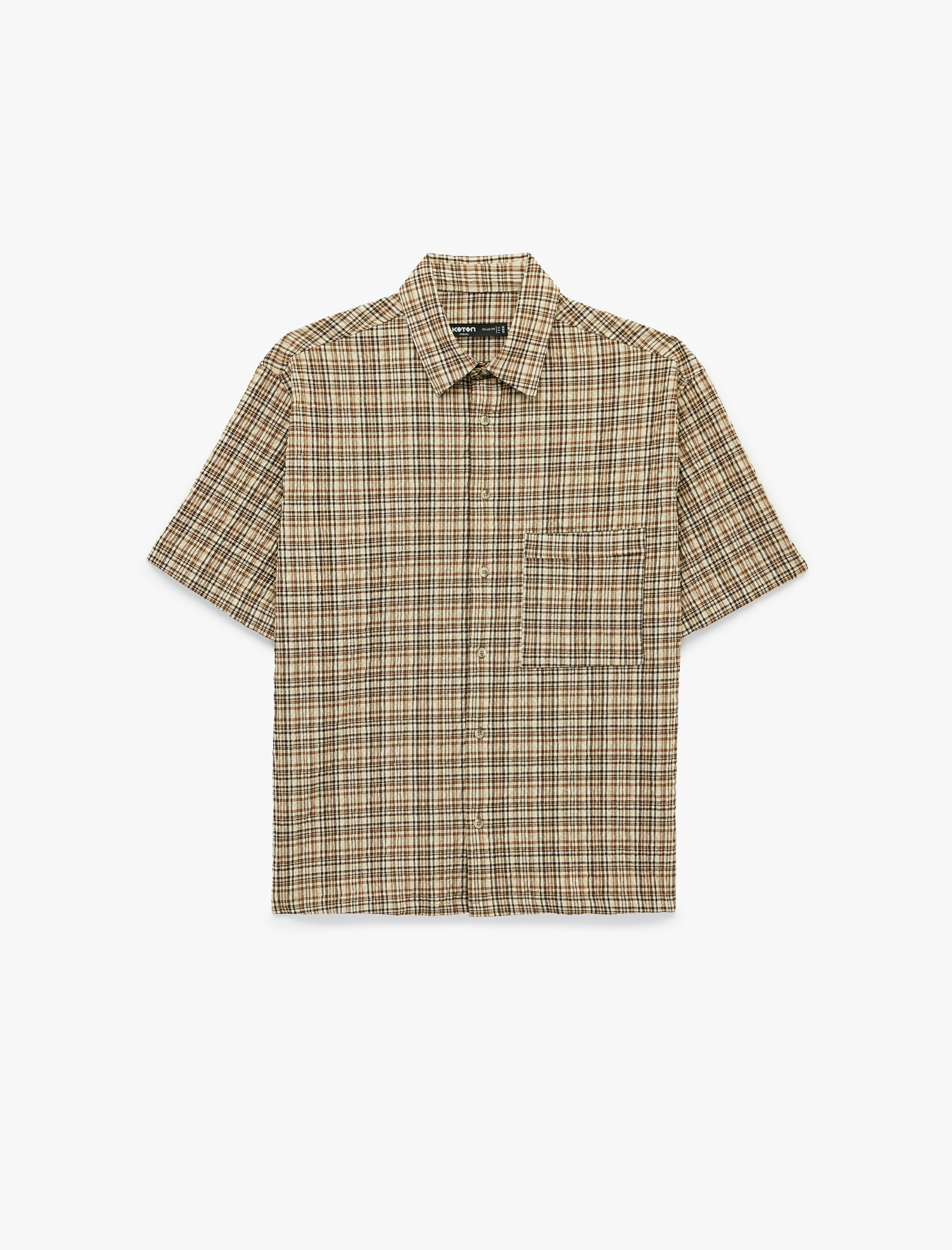   Rahat Kalıp Cep Detaylı Kısa Kollu Klasik Yaka Gofre Kumaş Kareli Gömlek