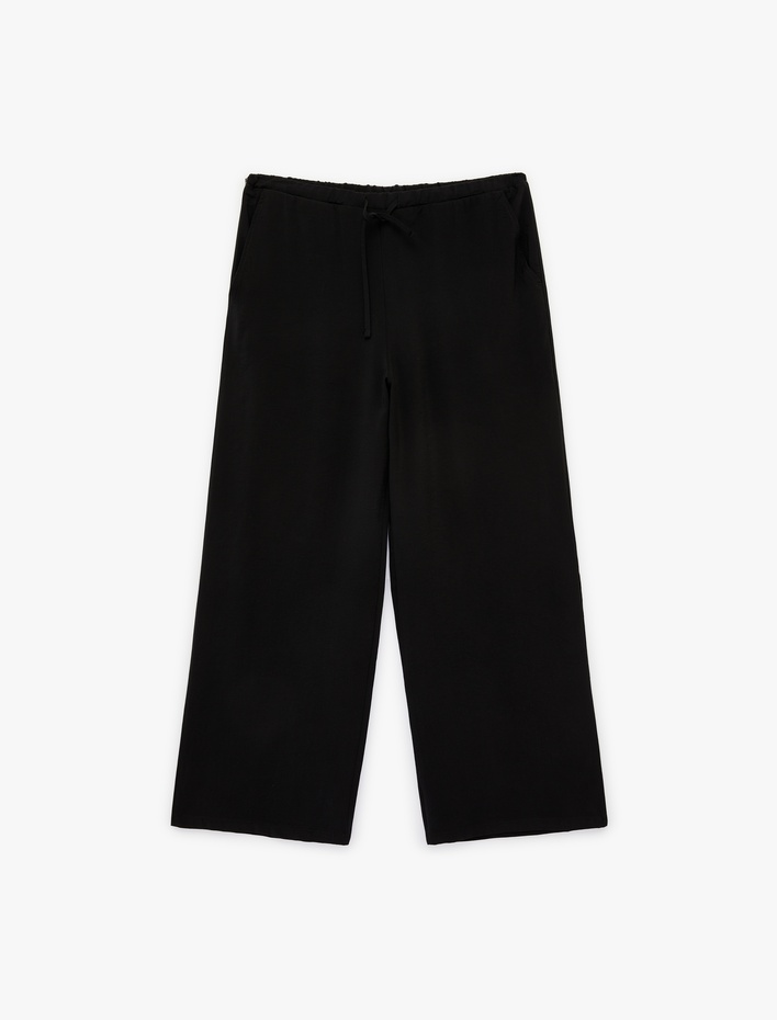  Rahat Kalıp Beli Bağcıklı Viskon Geniş Paça Pantolon