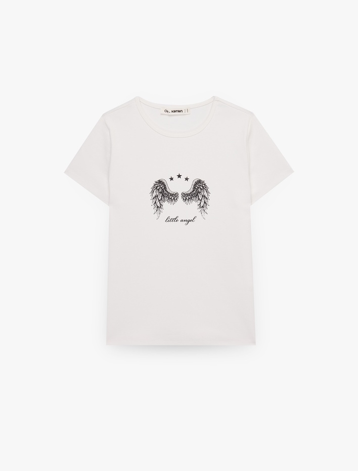  Slim Fit Kısa Kollu Bisiklet Yaka Melek Baskılı Tişört