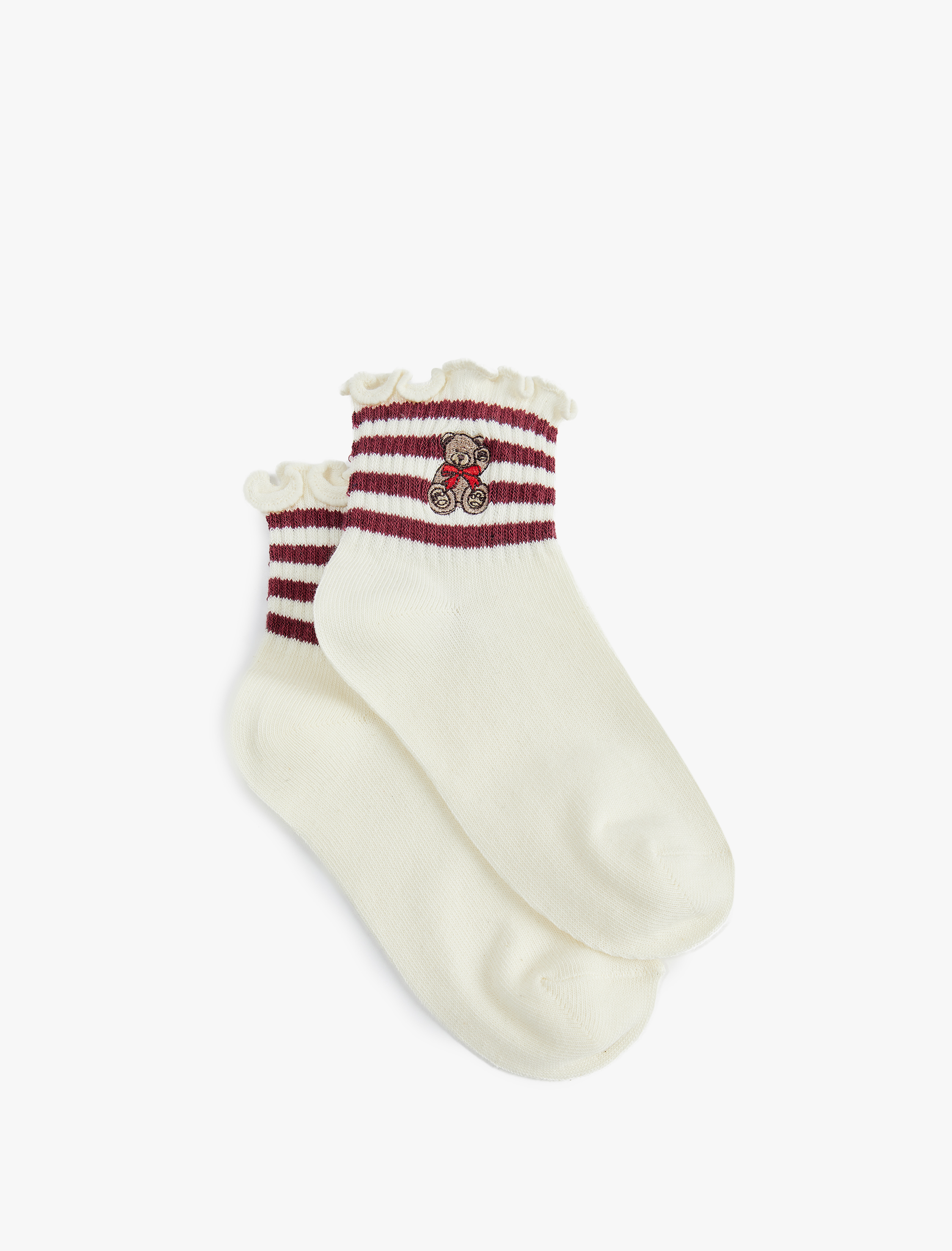  Kız Çocuk Fırfırlı Ayıcık İşleme Detaylı Çizgili Çorap