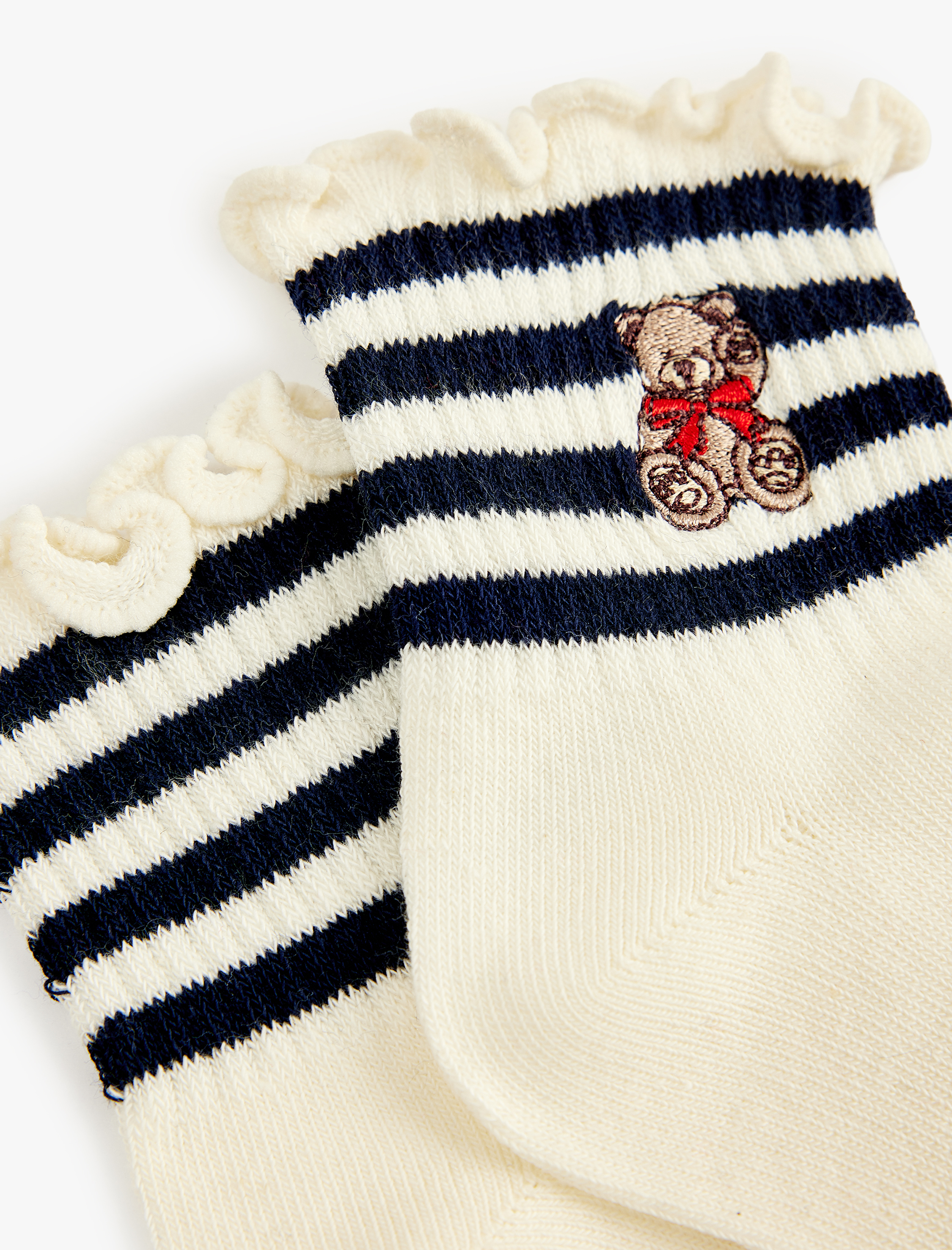  Kız Çocuk Fırfırlı Ayıcık İşleme Detaylı Çizgili Çorap