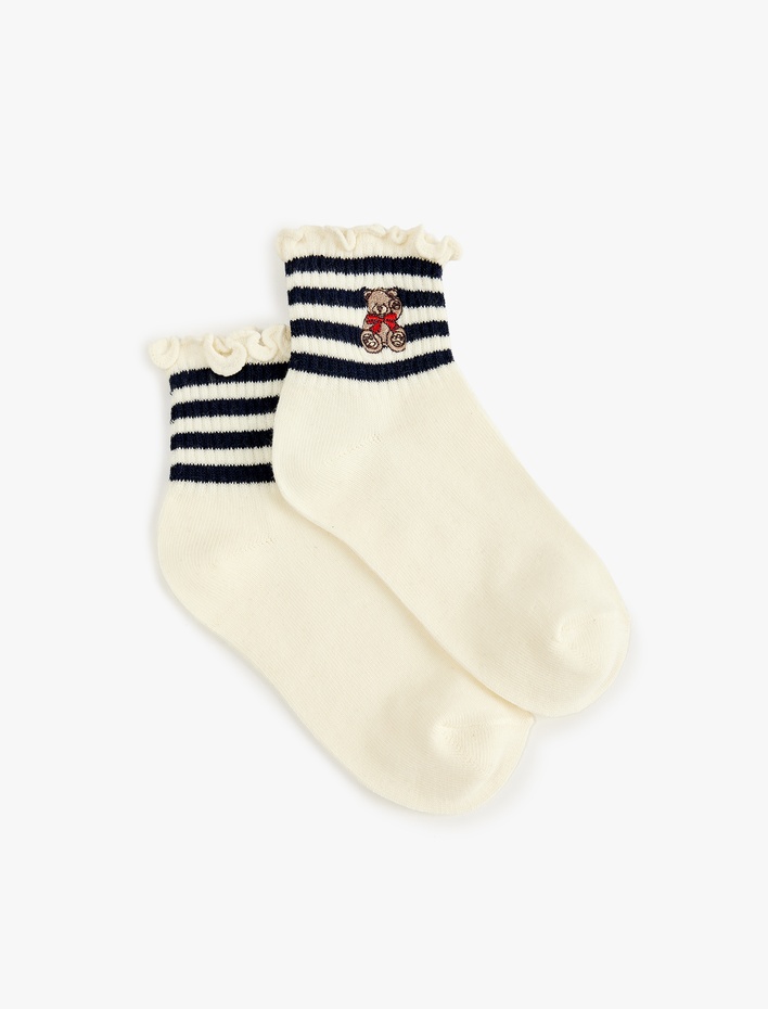 Kız Çocuk Fırfırlı Ayıcık İşleme Detaylı Çizgili Çorap