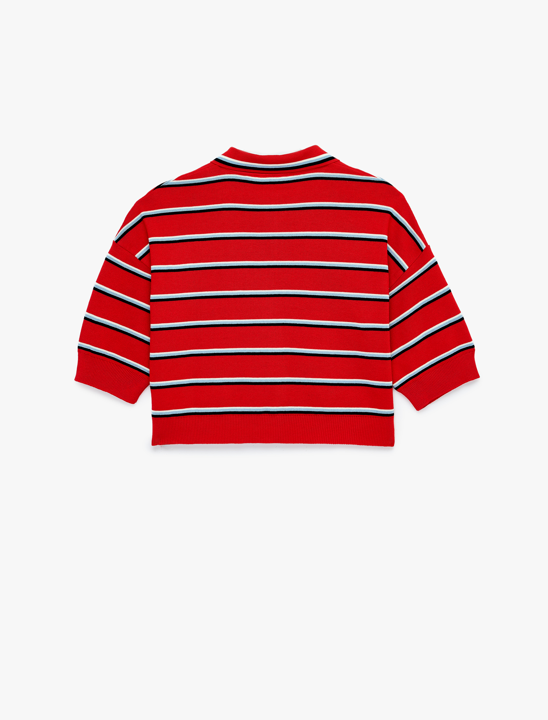   Rahat Kalıp Çizgili Düğmeli Kısa Kollu Polo Yaka Crop Triko Kazak