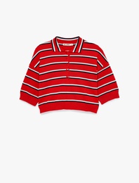 Rahat Kalıp Çizgili Düğmeli Kısa Kollu Polo Yaka Crop Triko Kazak