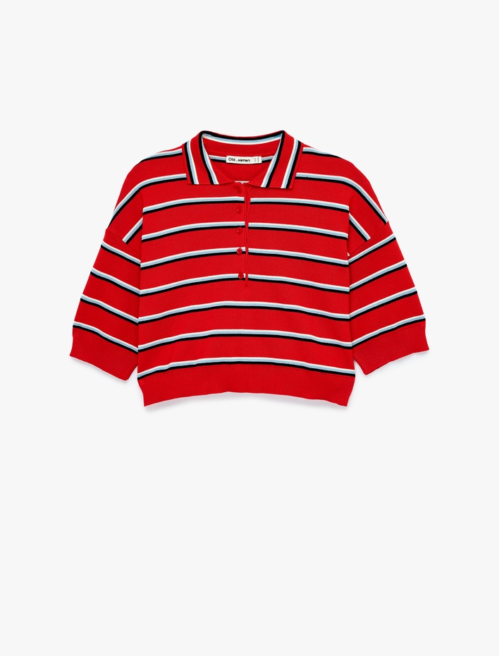  Rahat Kalıp Çizgili Düğmeli Kısa Kollu Polo Yaka Crop Triko Kazak