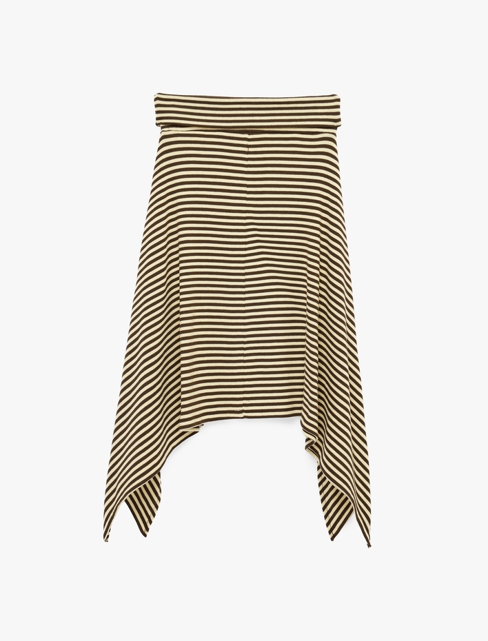  Beli Katlı Çizgili Asimetrik Kesim Uzun Etek