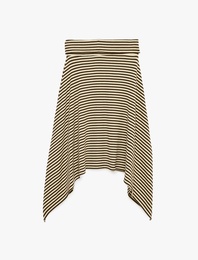 Beli Katlı Çizgili Asimetrik Kesim Uzun Etek