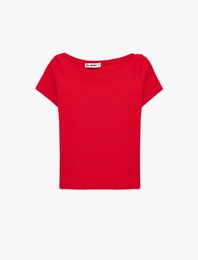 Pamuklu Kısa Kollu Kayık Yaka Slim Fit Tişört