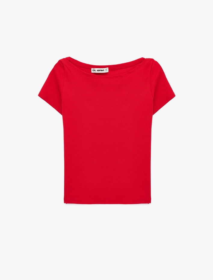  Pamuklu Kısa Kollu Kayık Yaka Slim Fit Tişört