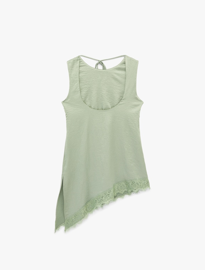  Kolsuz Bisiklet Yaka Asimetrik Kesim Dantelli Saten Bluz