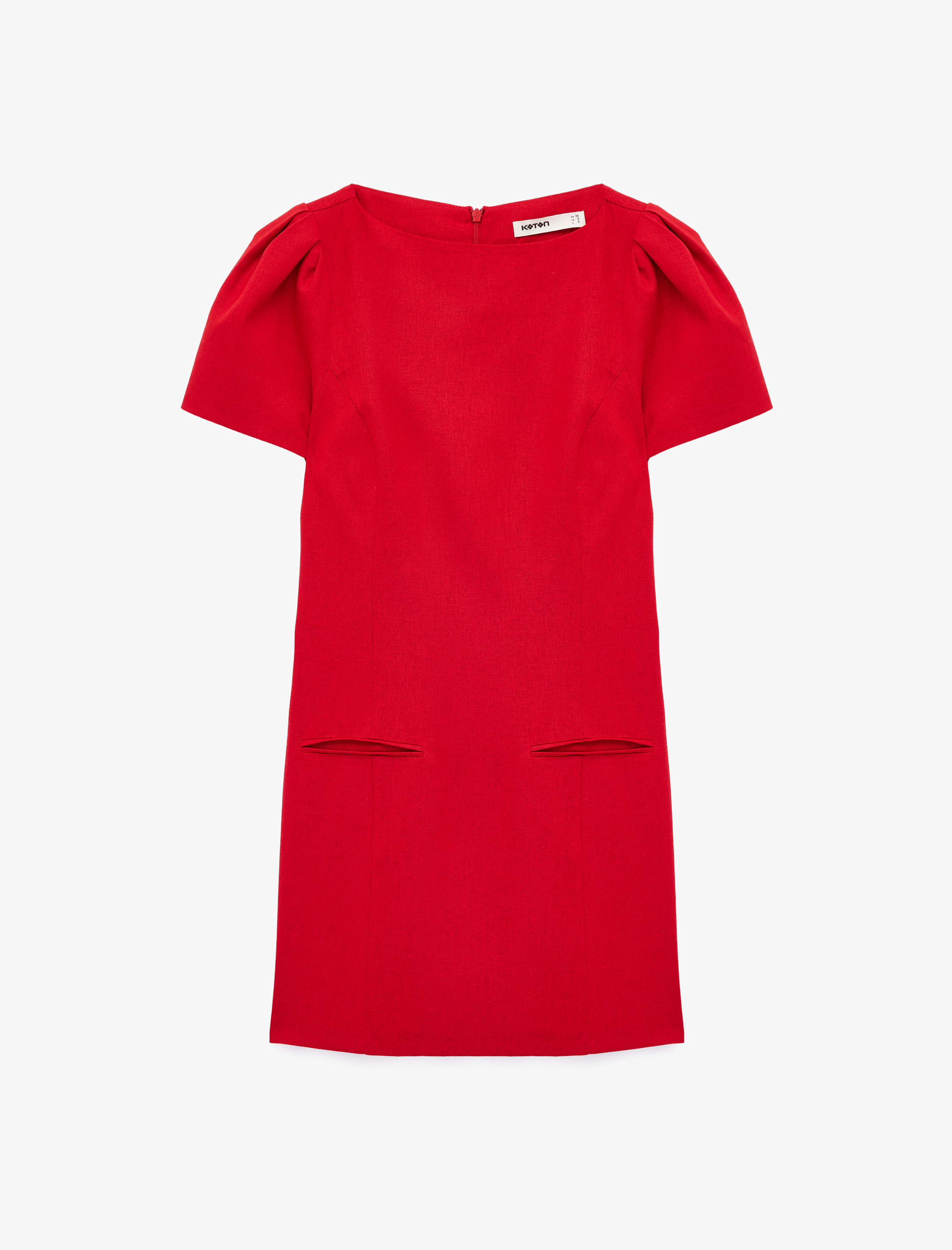   Viskon Keten Karışımlı Cep Detaylı A Kesim Kısa Balon Kollu Mini Elbise