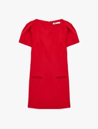 Viskon Keten Karışımlı Cep Detaylı A Kesim Kısa Balon Kollu Mini Elbise