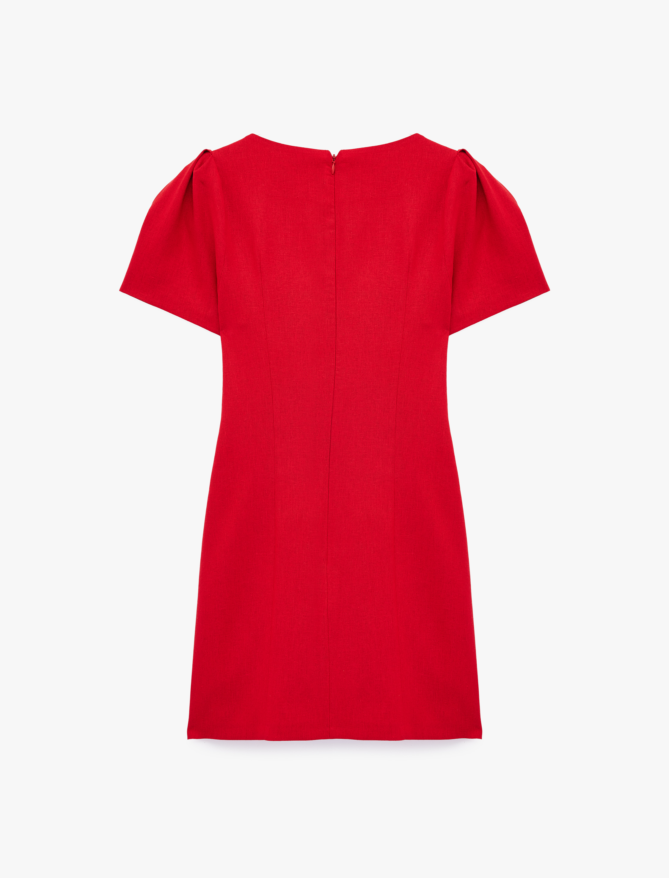   Viskon Keten Karışımlı Cep Detaylı A Kesim Kısa Balon Kollu Mini Elbise