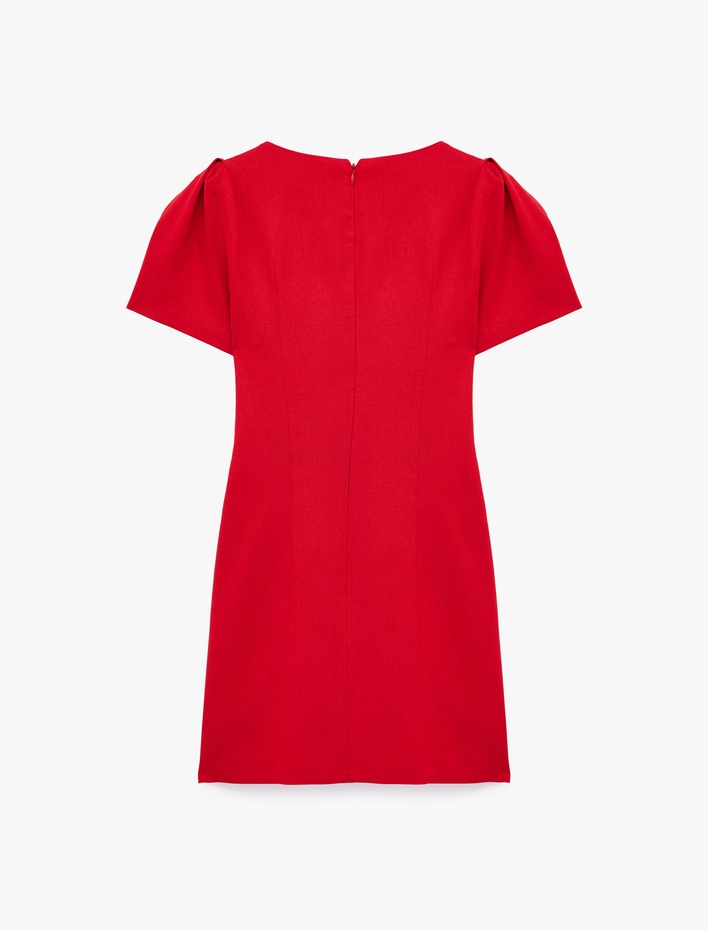  Viskon Keten Karışımlı Cep Detaylı A Kesim Kısa Balon Kollu Mini Elbise