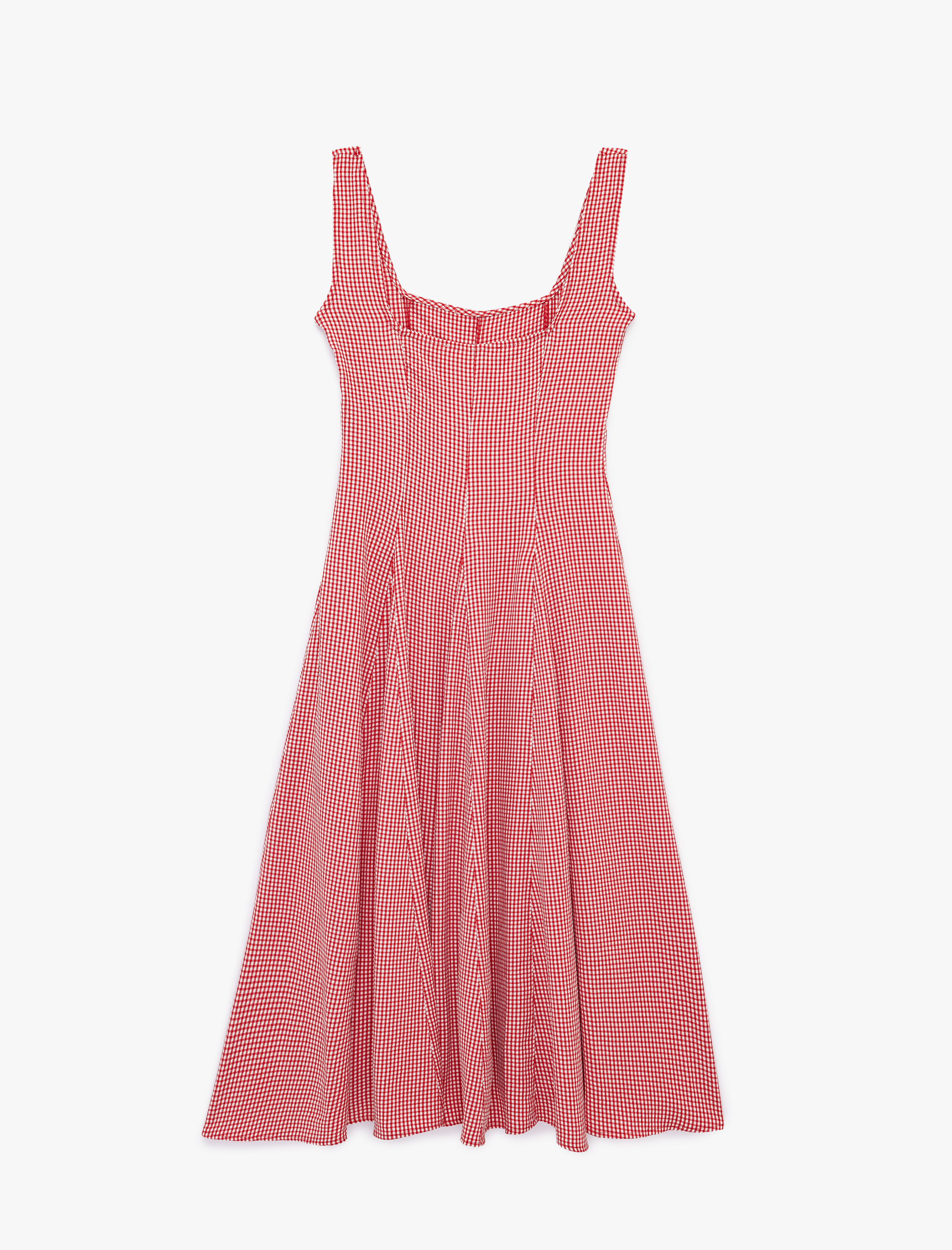   Kare Yaka Kolsuz Viskon Karışımlı Gofre Kumaş Uzun Pötikareli Elbise