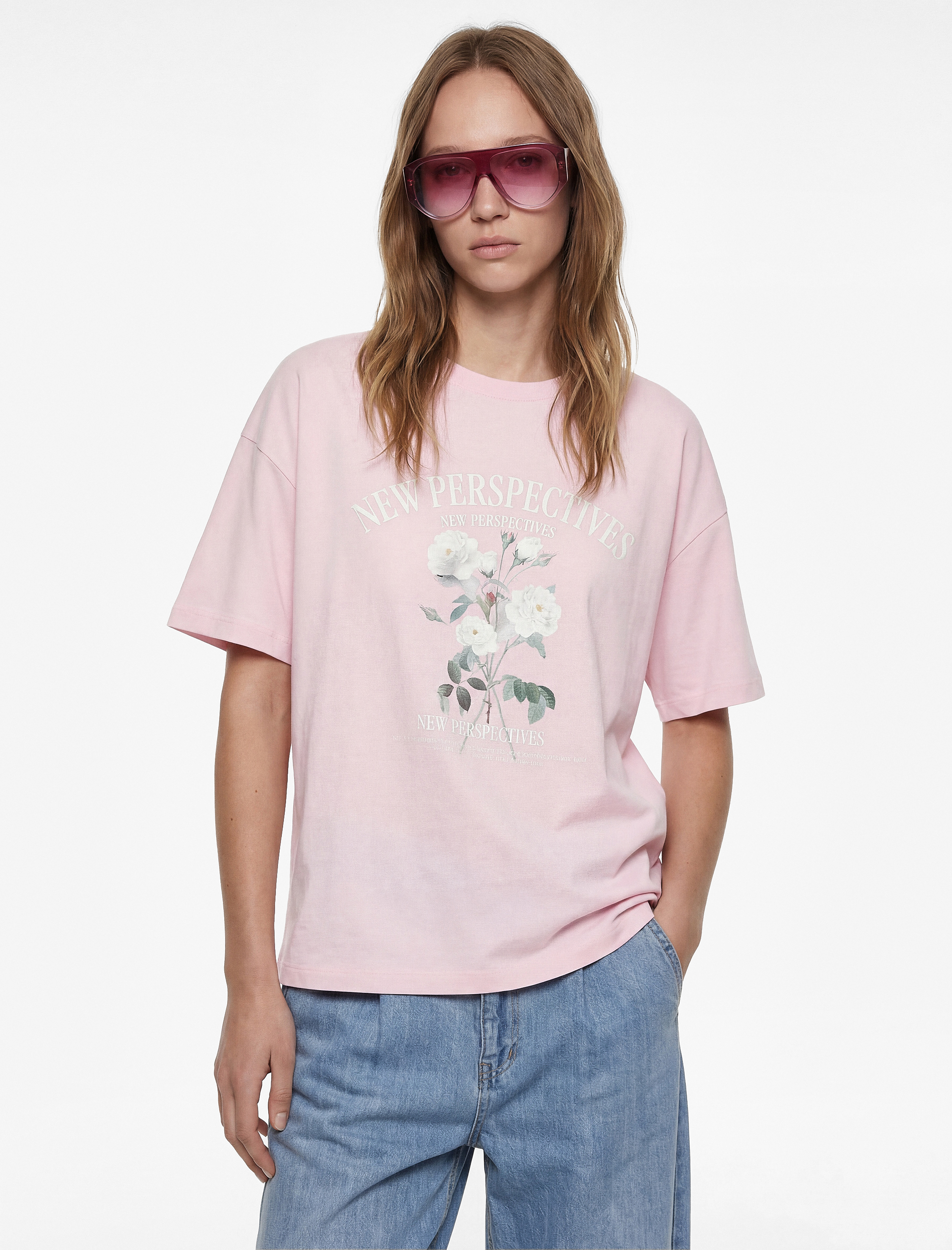   Kısa Kollu Bisiklet Yaka Pamuklu Çiçek Baskılı Oversize Tişört