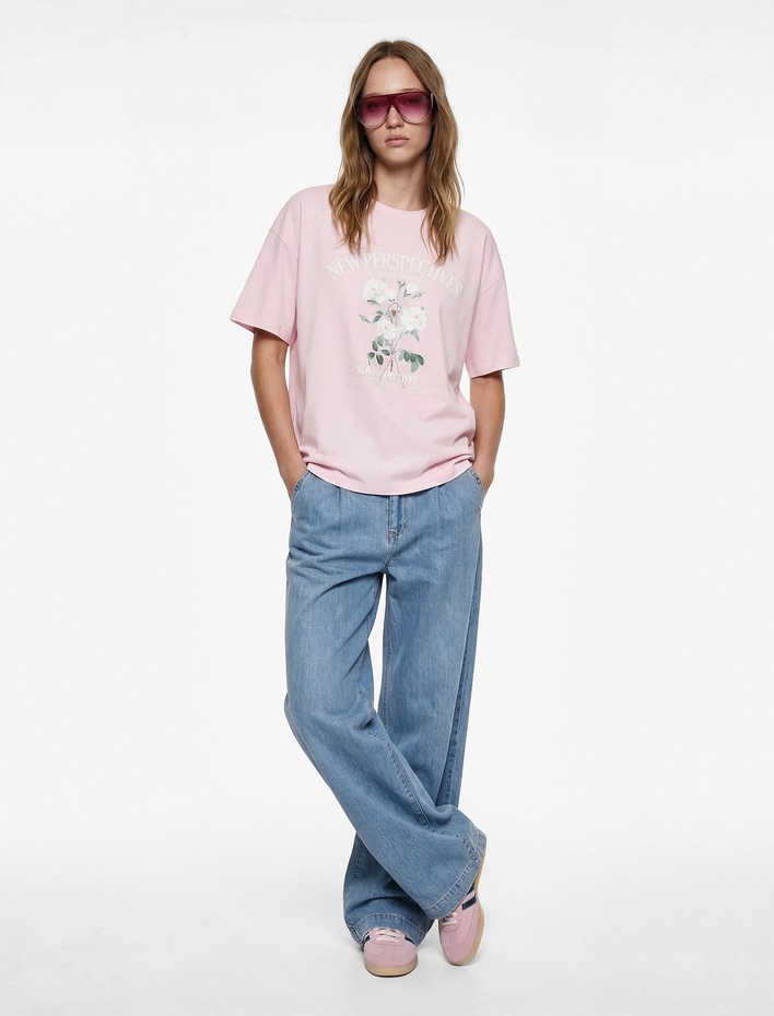  Kısa Kollu Bisiklet Yaka Pamuklu Çiçek Baskılı Oversize Tişört