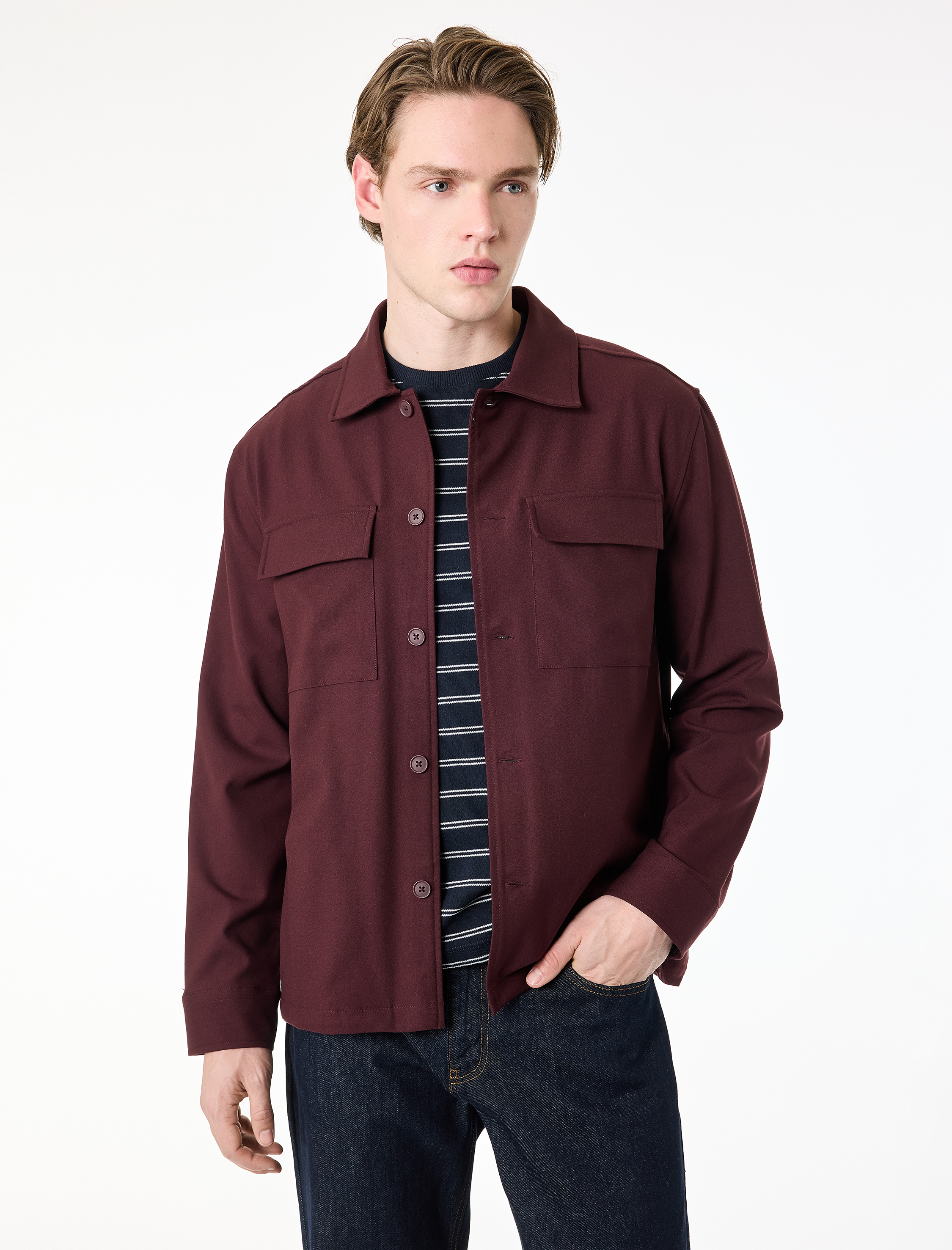   Regular Fit Viskon Karışımlı Kapaklı Cepli Klasik Yaka Uzun Kollu Gömlek Ceket