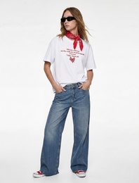 Pamuklu Kısa Kollu Bisiklet Yaka Baskılı Oversize Tişört