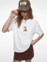 Kısa Kollu Bisiklet Yaka Pamuklu Kedi Nakışlı Oversize Tişört