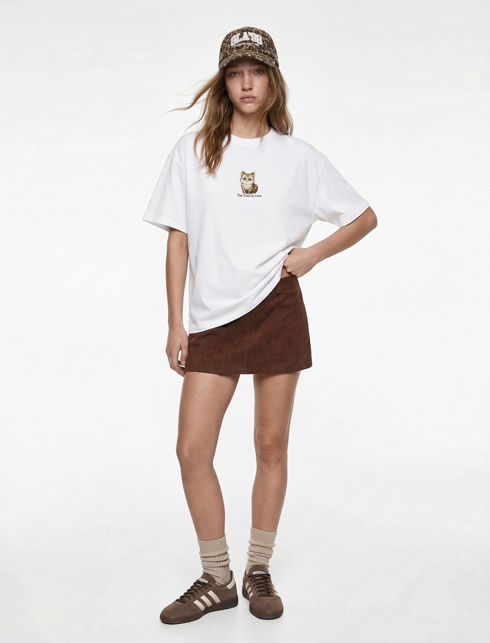  Kısa Kollu Bisiklet Yaka Pamuklu Kedi Nakışlı Oversize Tişört
