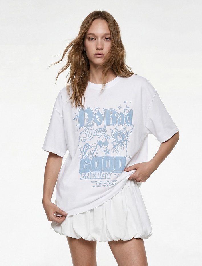  Kısa Kollu Bisiklet Yaka Pamuklu Baskılı Oversize Tişört