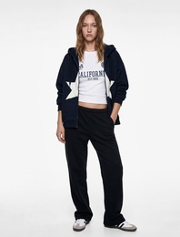 Uzun Kollu Yıldız Nakışlı Pamuklu Cepli Rahat Kalıp Kapüşonlu Fermuarlı Sweatshirt