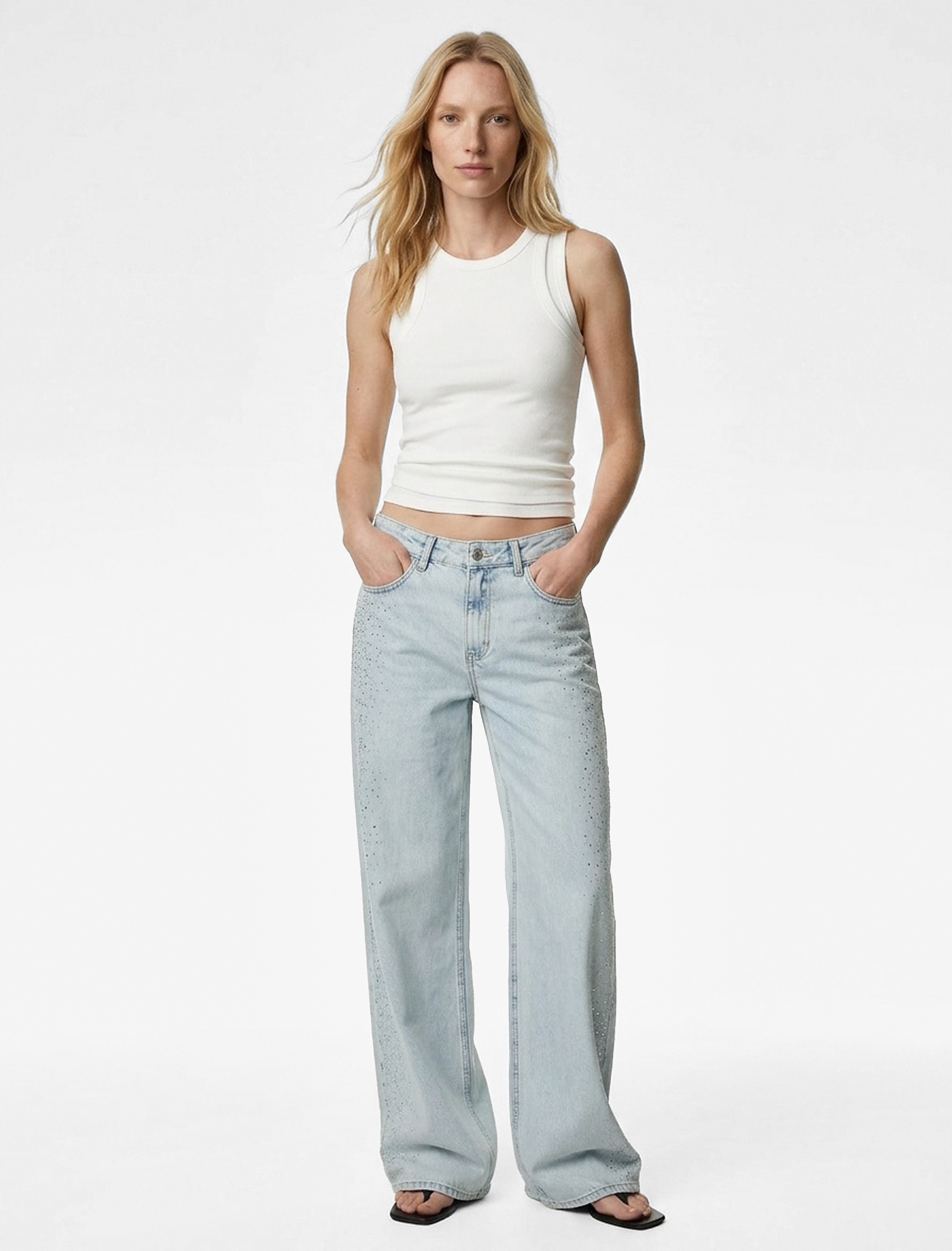   Pamuklu Düğmeli Cepli Geniş Paça Taşlı Denim Pantolon -  Wide Leg Jeans