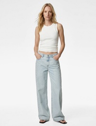 Pamuklu Düğmeli Cepli Geniş Paça Taşlı Denim Pantolon -  Wide Leg Jeans