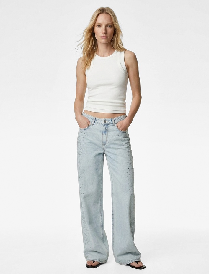  Pamuklu Düğmeli Cepli Geniş Paça Taşlı Denim Pantolon -  Wide Leg Jeans