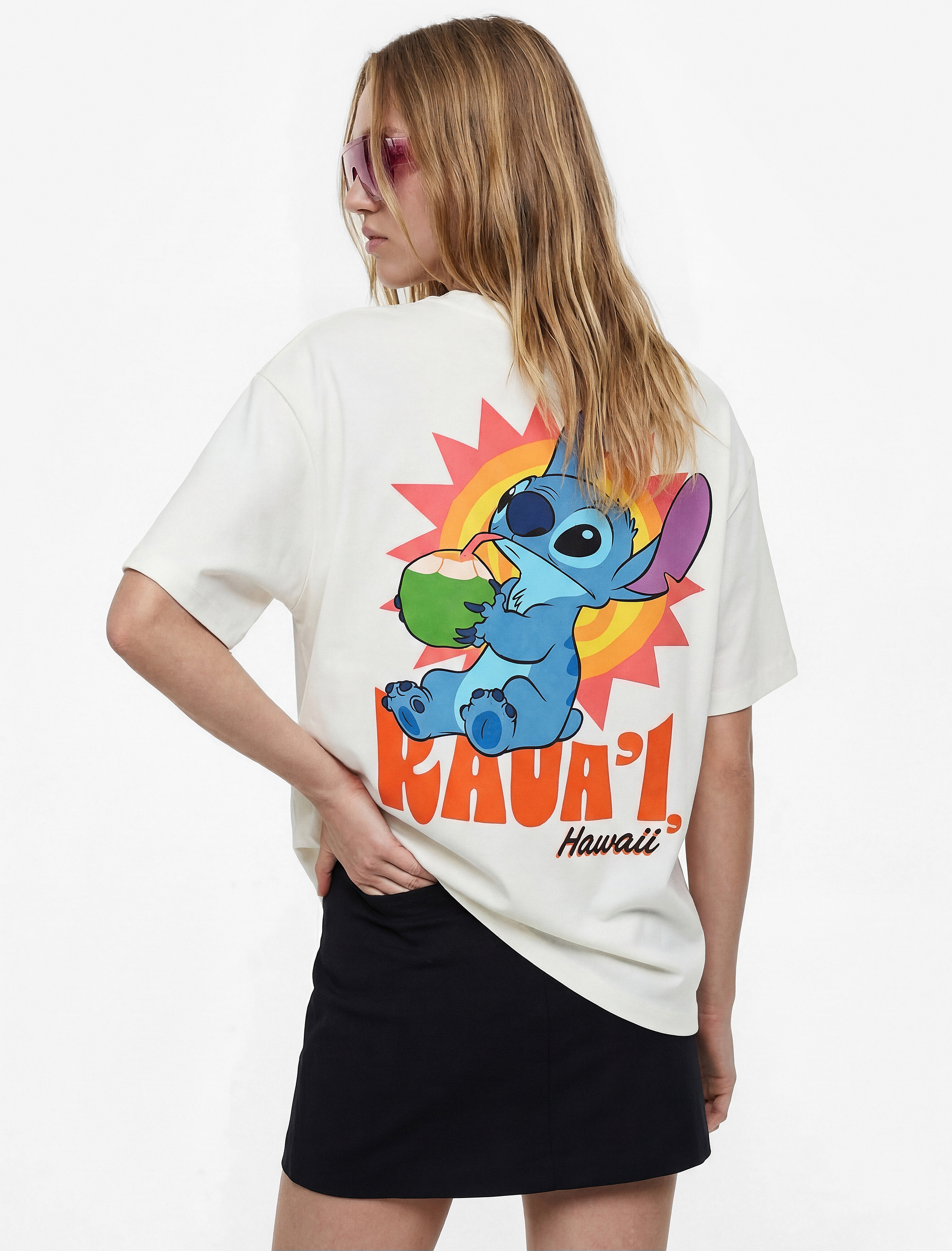   Stitch Lisanslı Kısa Kollu Pamuklu Arkası Baskılı Oversize Tişört