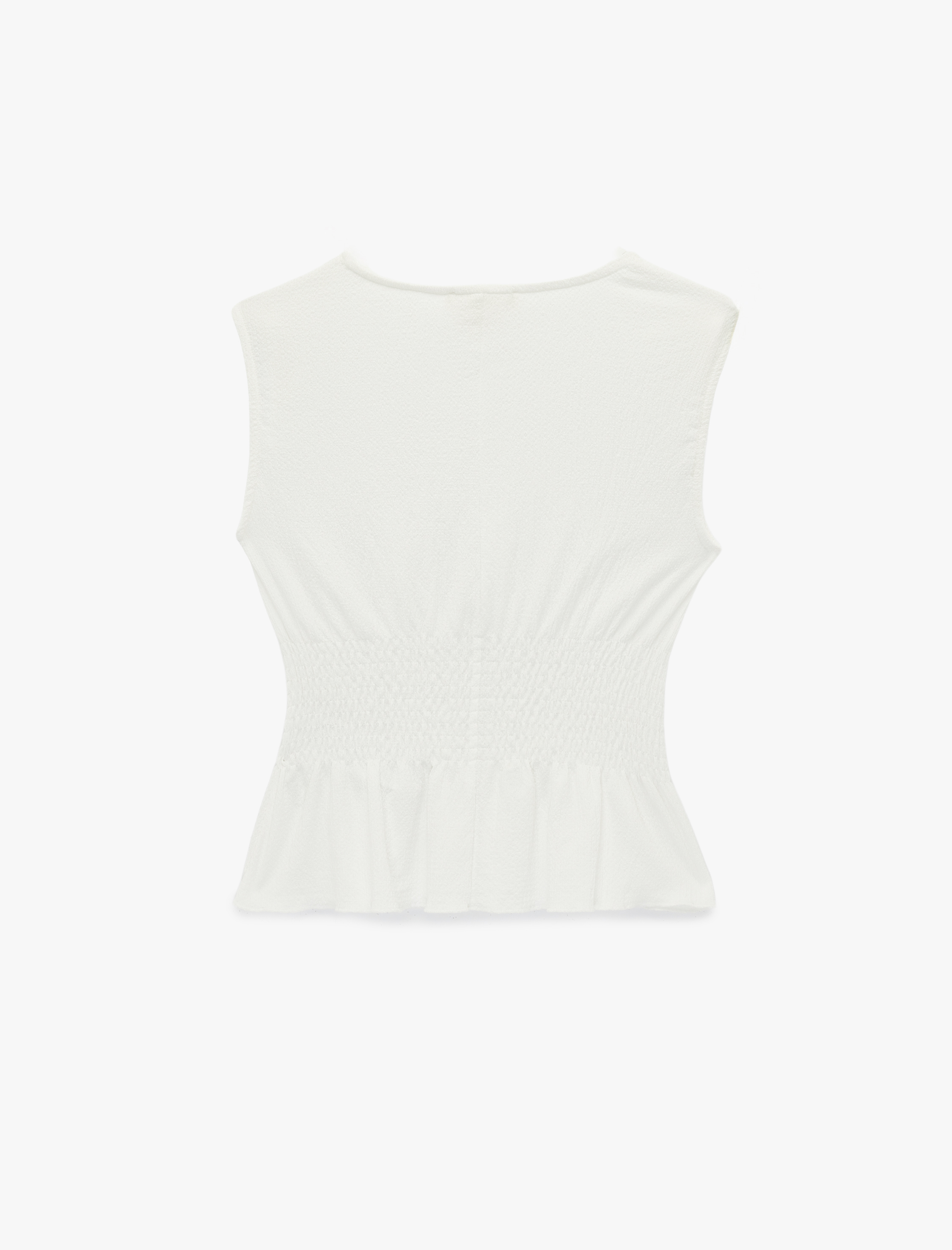   Bürümcük Kumaş Gipeli Kayık Yaka Fiyonk Detaylı Kolsuz Bluz