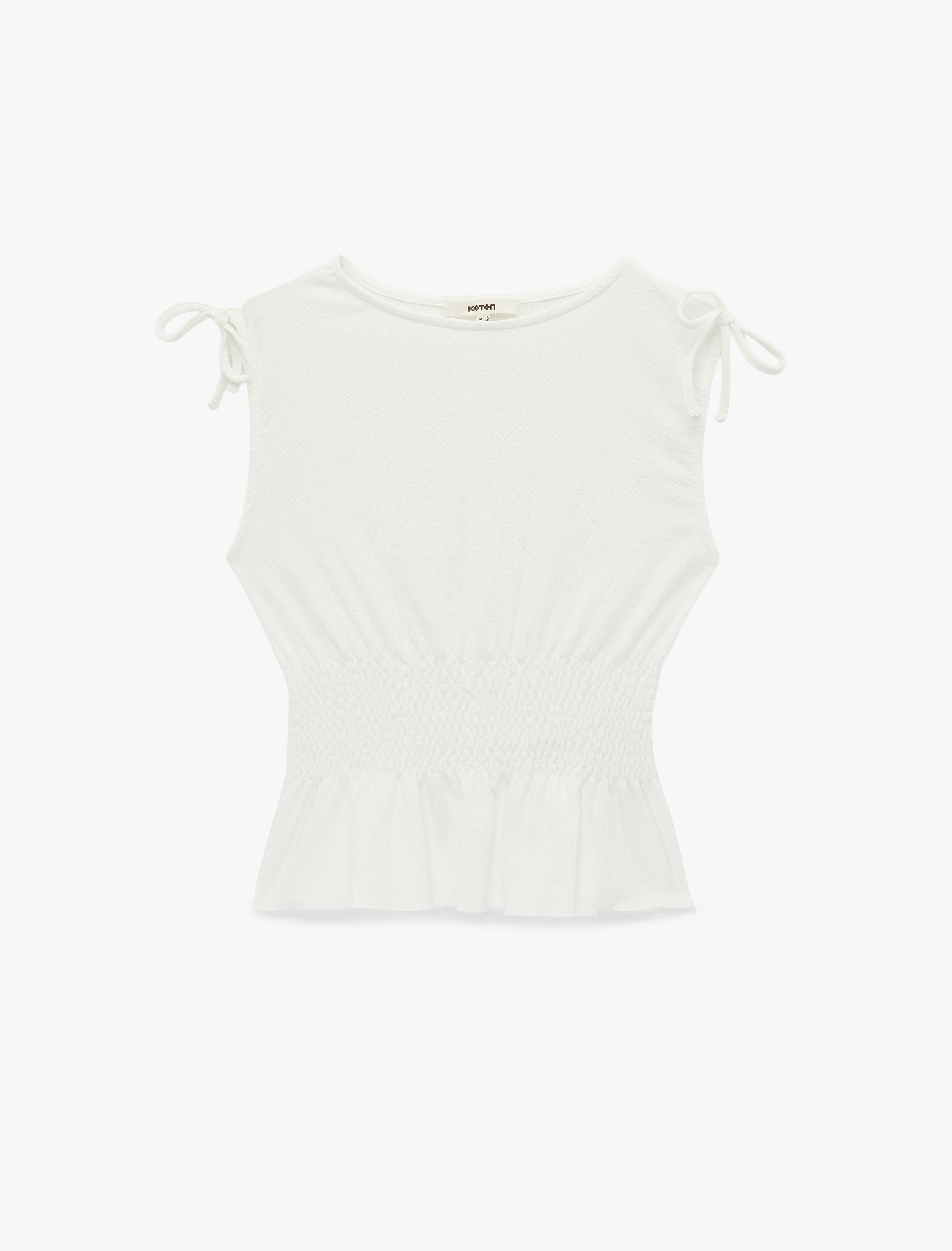   Bürümcük Kumaş Gipeli Kayık Yaka Fiyonk Detaylı Kolsuz Bluz