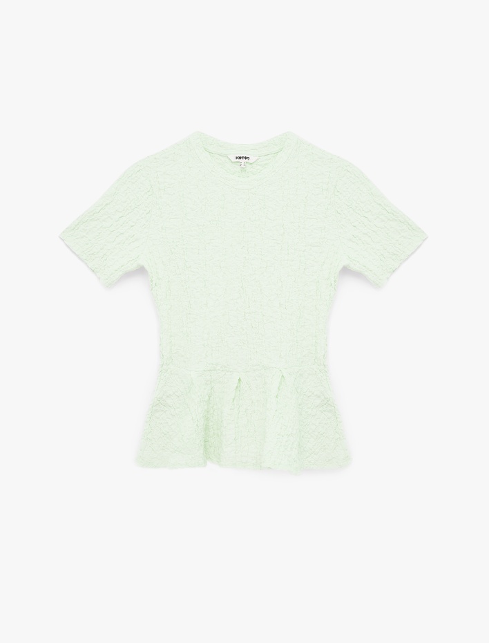  Slim Fit Bisiklet Yaka Kısa Kollu Dokulu Peplum Bluz