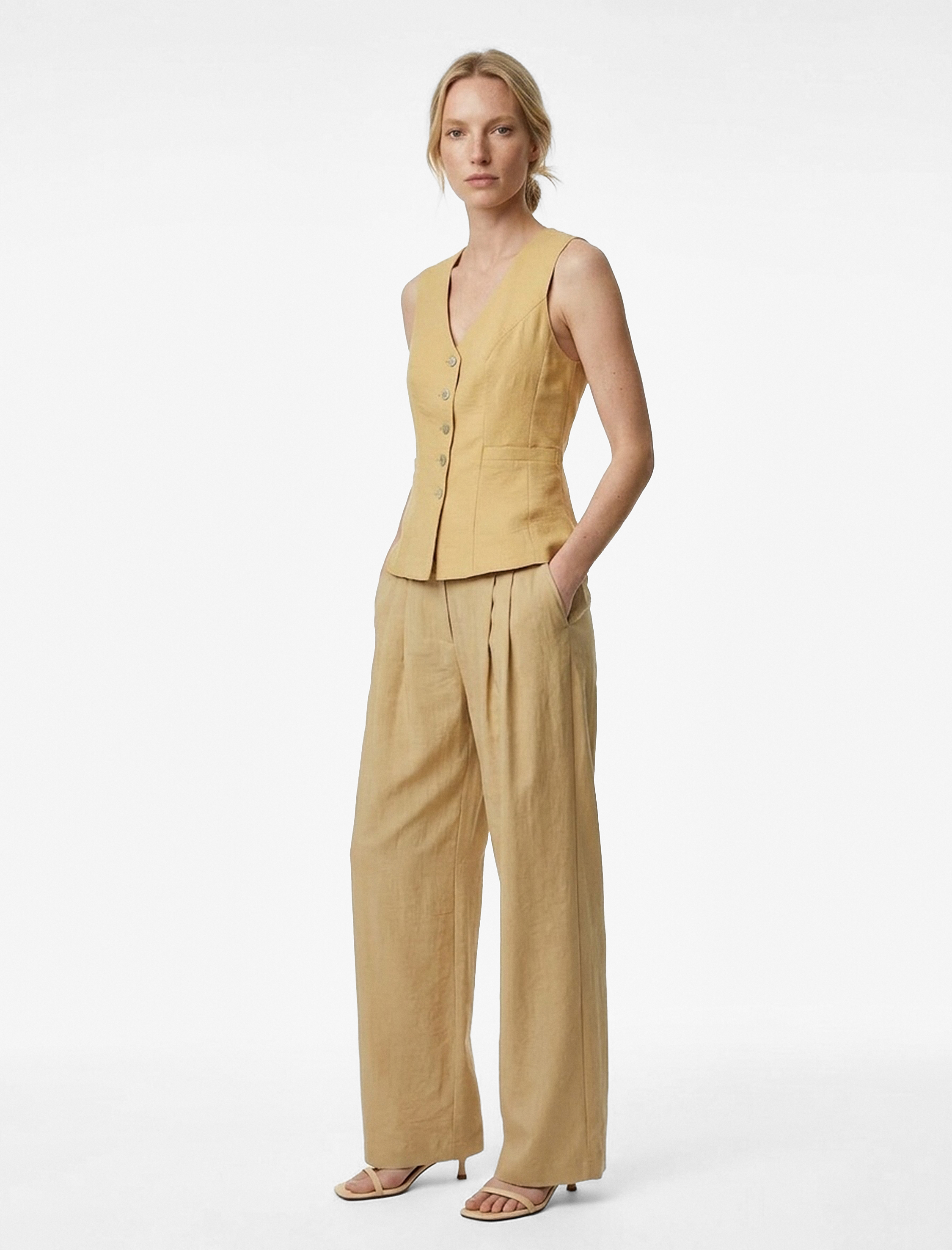   Cepli Dikiş Detaylı Düğmeli Kolsuz V Yaka Yelek