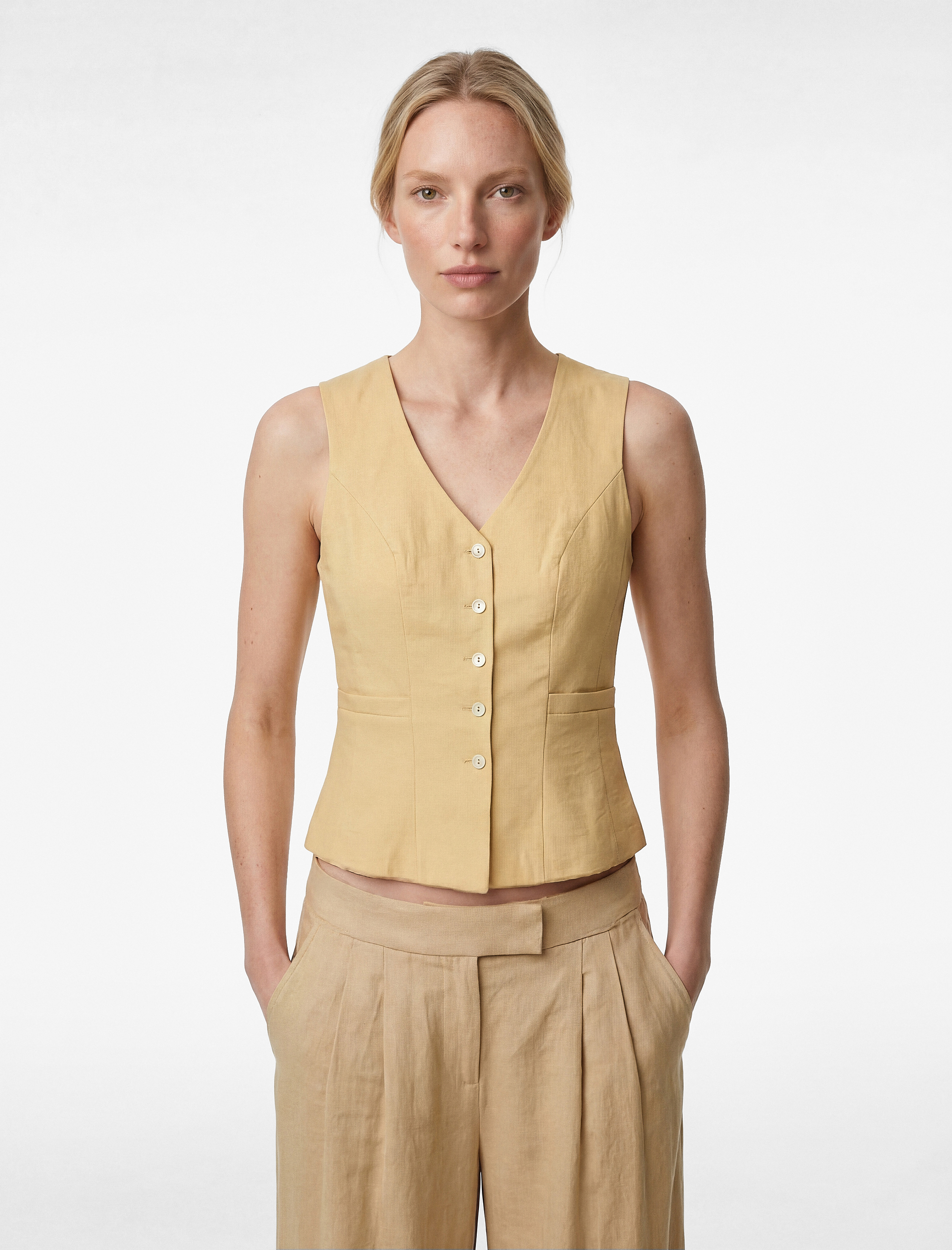   Cepli Dikiş Detaylı Düğmeli Kolsuz V Yaka Yelek