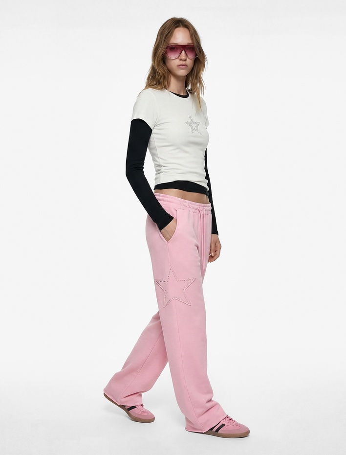  Yıldız Aplike Detaylı Beli Bağcıklı Rahat Kalıp Geniş Paça Eşofman Altı