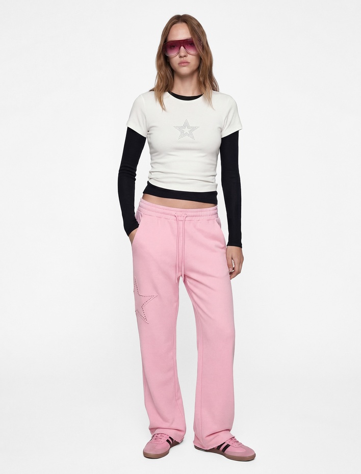  Yıldız Aplike Detaylı Beli Bağcıklı Rahat Kalıp Geniş Paça Eşofman Altı