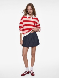 Polo Yaka Düğmeli Uzun Kollu Oversize Kalpli Çizgili Sweatshirt