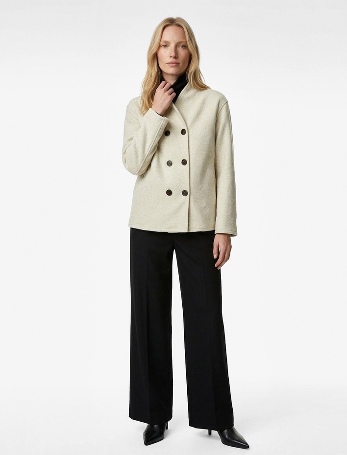  Uzun Kollu Cepli Hafif Dik Yaka Kruvaze Düğmeli Kaşe Ceket