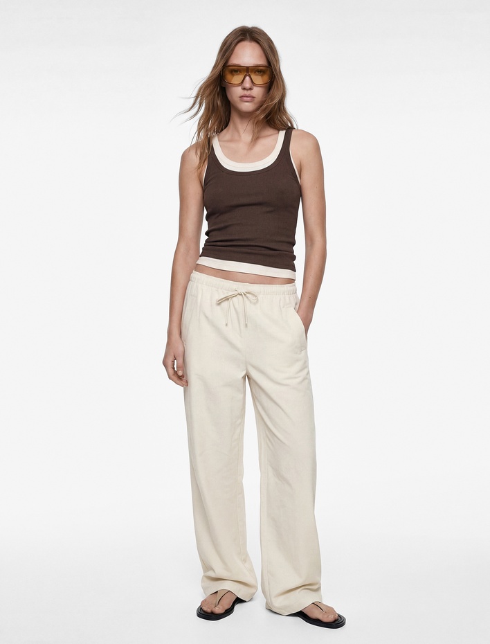  Rahat Kalıp Beli Bağcıklı Viskon Geniş Paça Pantolon