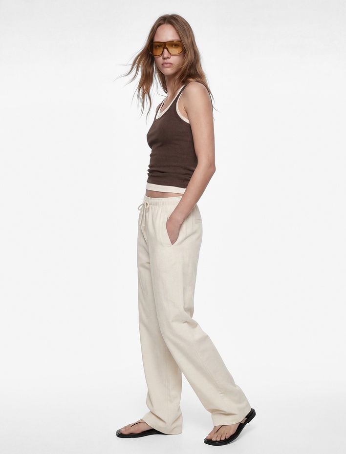  Rahat Kalıp Beli Bağcıklı Viskon Geniş Paça Pantolon