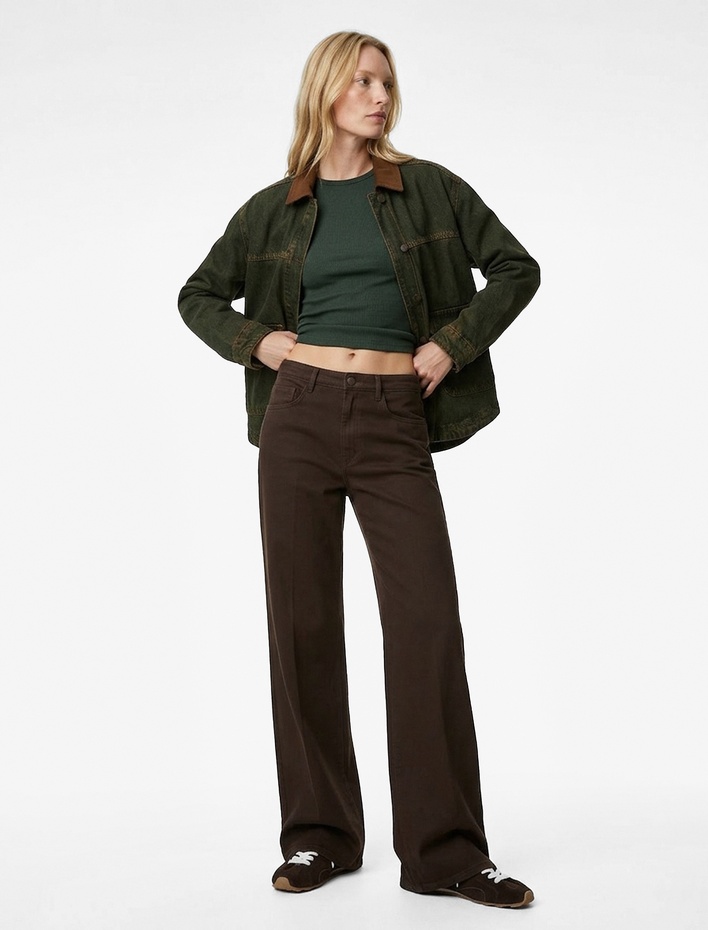  Yıkamalı Klasik Yaka Cep Detaylı Düğmeli Oversize Denim Ceket