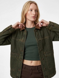 Yıkamalı Klasik Yaka Cep Detaylı Düğmeli Oversize Denim Ceket