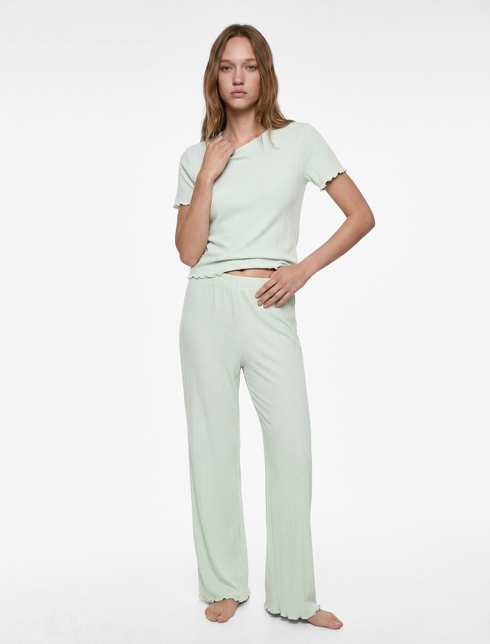  Kaşkorse Modal Kumaş Normal Bel Düz Bol Paça Pijama Altı